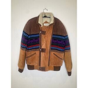 Adler Vintage Suede Aztec Alpaca Winter Jacket Fleece Lined Sz Lg Men’s Zip Snap